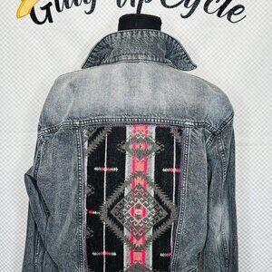 Upcycled Custom Gray jean jacket beautiful Aztec pink gray black w.Concho -S